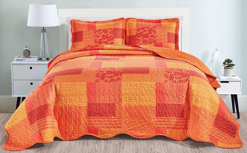 Masterplay 3-Piece Fine Printed Oversize (115" X 95") Quilt Set, Bedspread Coverlet King Size Bed Cover (Shades of Orange, Patchwork)
